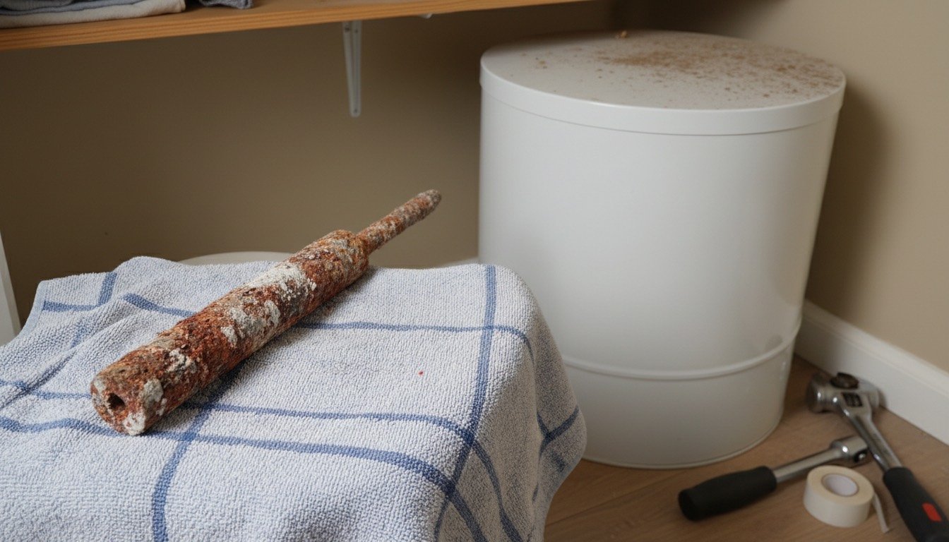 A corroded sacrificial anode rod laid on a towel next to a modern hot water cylinder in a UK airing cupboard, with a socket wrench alongside