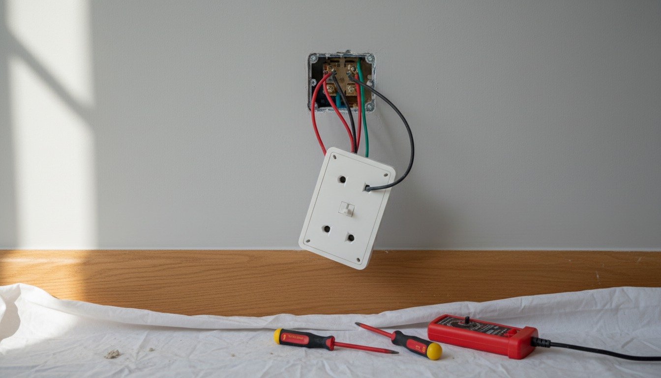 A white double 13A socket part-removed from a wall with the faceplate hanging forward, insulated screwdrivers and a two-pole voltage tester on the floor below