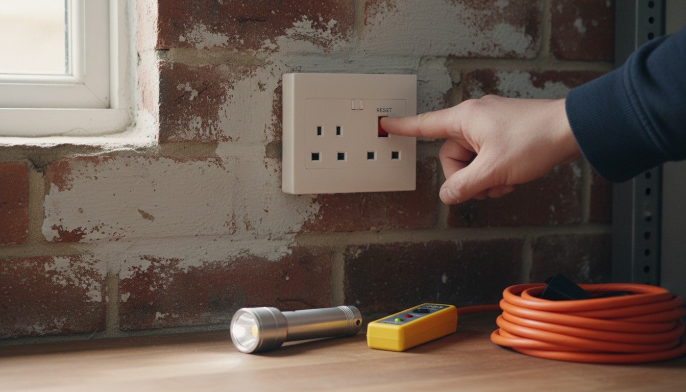 A white RCD socket with test and reset buttons mounted on a garage wall beside an open consumer unit