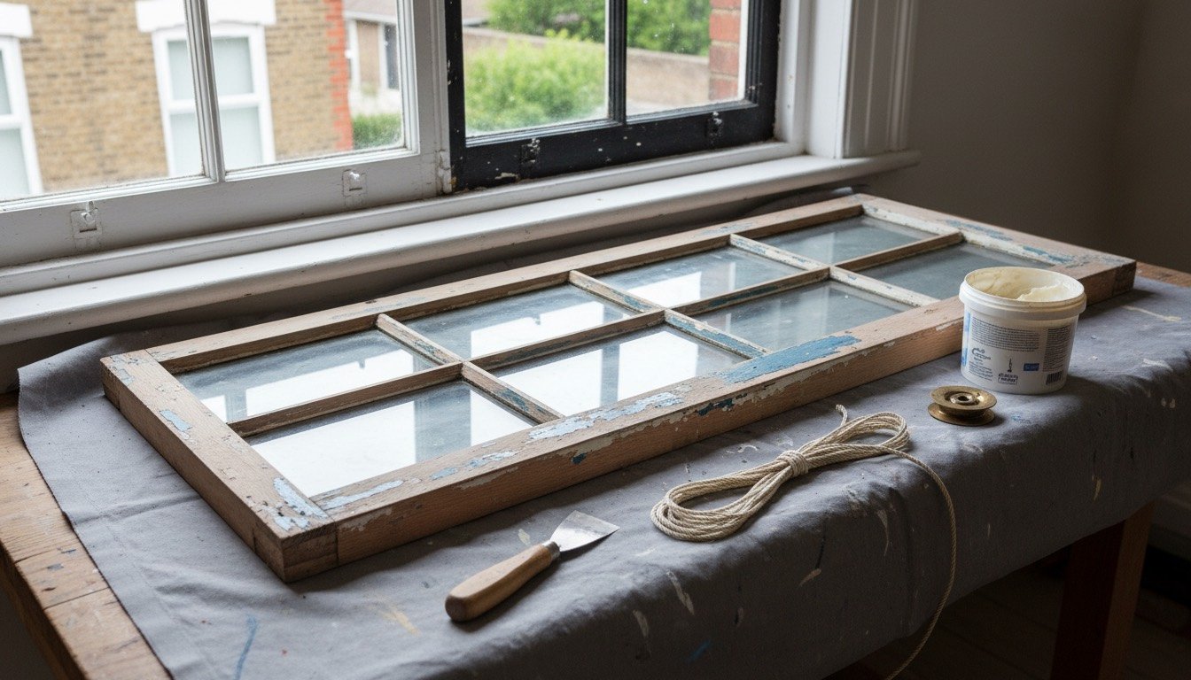A Victorian timber box sash window part-stripped back to bare pine, with the lower sash removed and a putty knife, glazing sprigs and waxed sash cord laid out on the cill