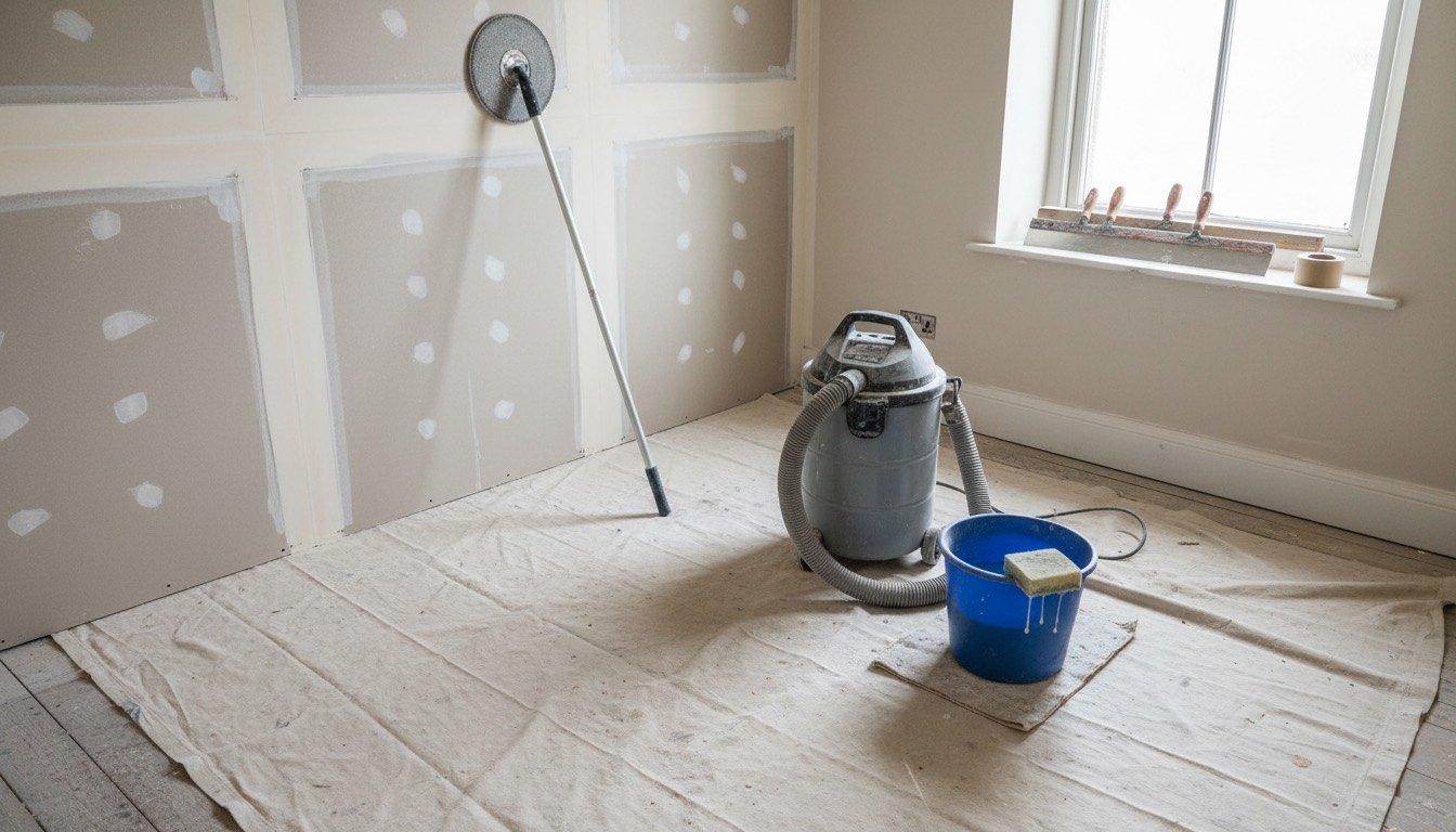 A freshly filled plasterboard stud wall in a UK bedroom with a pole sander, damp sanding sponge and dust extractor hose ready for a low-dust finish