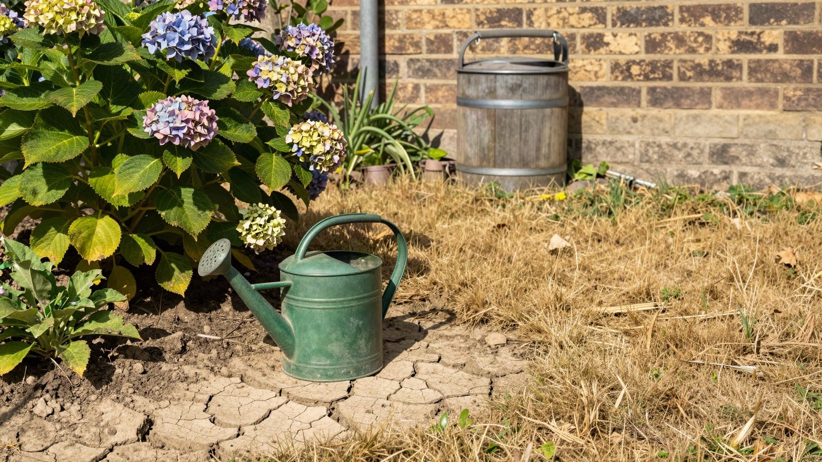 Parched UK garden border with cracked soil, wilting plants, a watering can and a water butt beside a browned lawn in summer sun