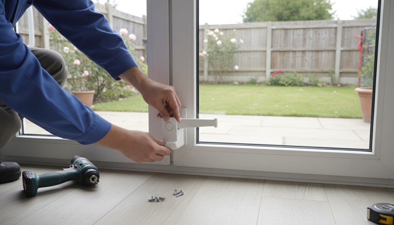 A uPVC sliding patio door in a UK home with a security bar fitted in the bottom track and a sash jammer on the frame