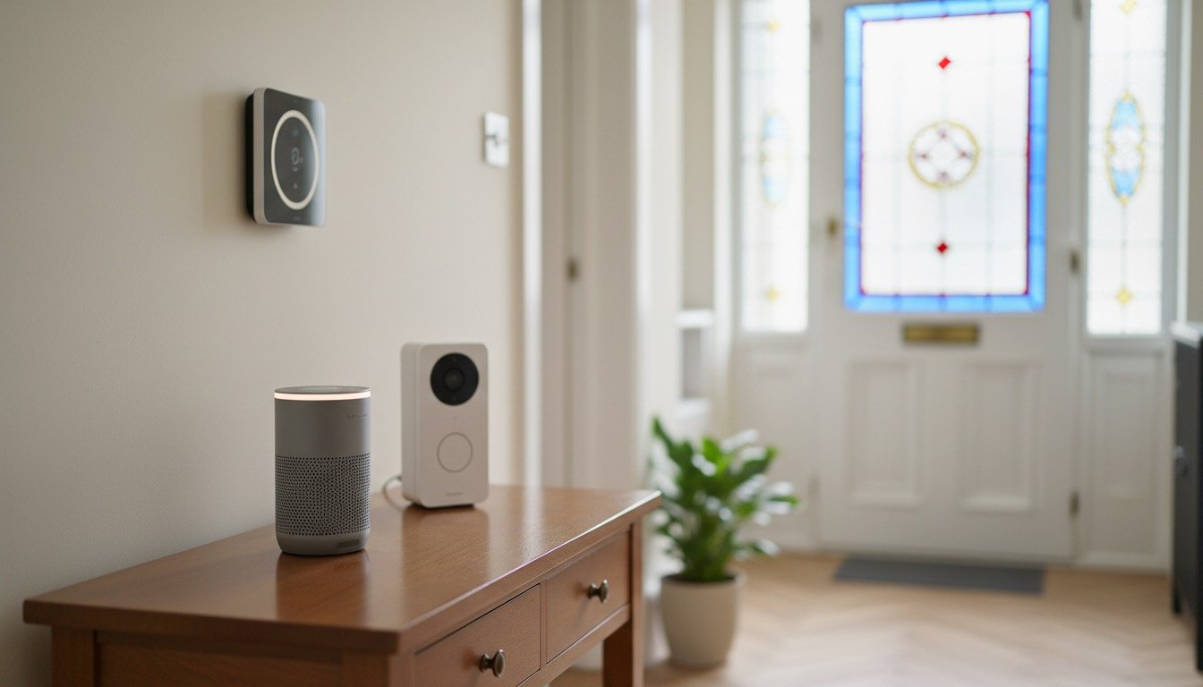 Smart speaker hub and video doorbell unit on a wooden console table in a UK hallway, with a smart thermostat mounted on the wall behind