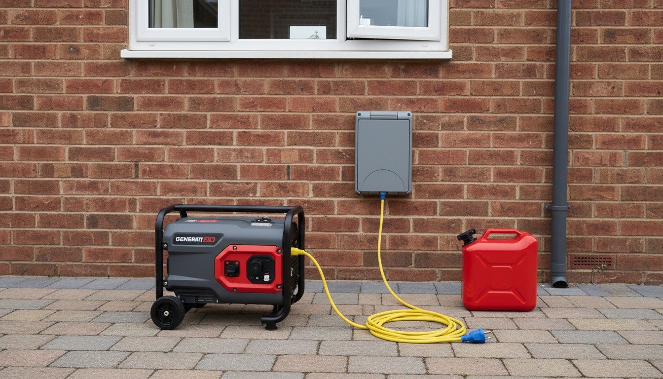 A petrol inverter generator standing on a paved patio outside a UK house, with a weatherproof generator inlet socket fitted to the brick wall beside it