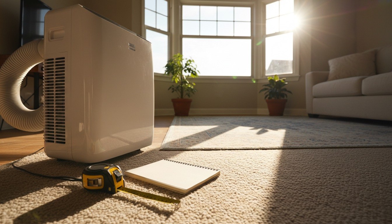 Tape measure, notepad and a portable air conditioner on the floor of a sunlit UK living room with a bay window, ready for sizing a cooling unit