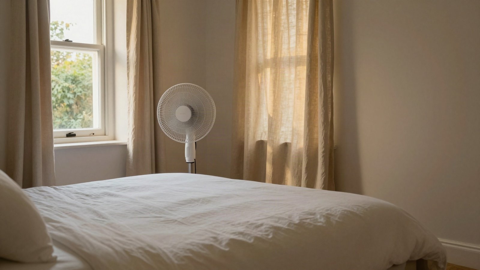 UK bedroom on a summer evening with white cotton bedding turned back and a pedestal fan beside an open sash window