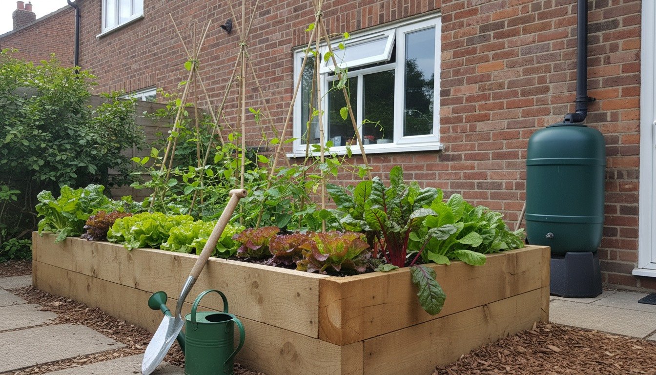 A timber raised vegetable bed in a small British back garden, planted with lettuce, chard and runner beans on canes, with a spade and watering can beside it