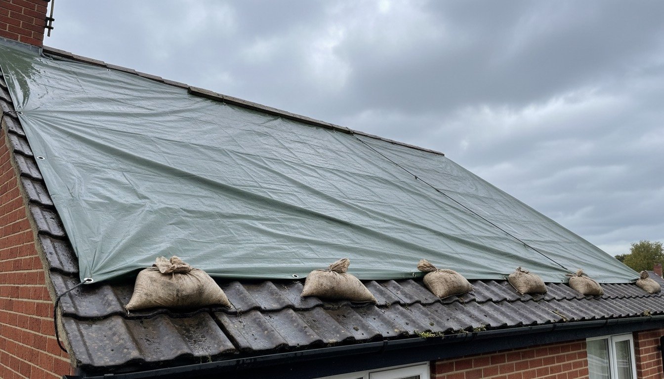 Heavy-duty tarpaulin weighted with sandbags over slipped tiles on a pitched UK house roof after a storm