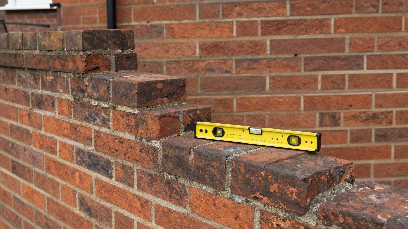 A hand holding a steel ruler against a stepped diagonal crack running through the mortar joints of a red-brick UK house wall during an inspection