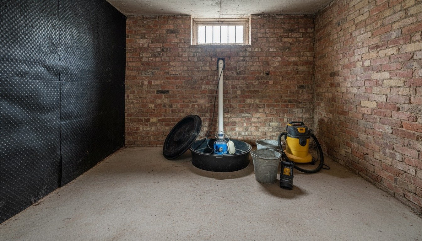 Open sump chamber in a UK cellar with a submersible pump, float switch and discharge pipe visible beside a bucket of water and a torch