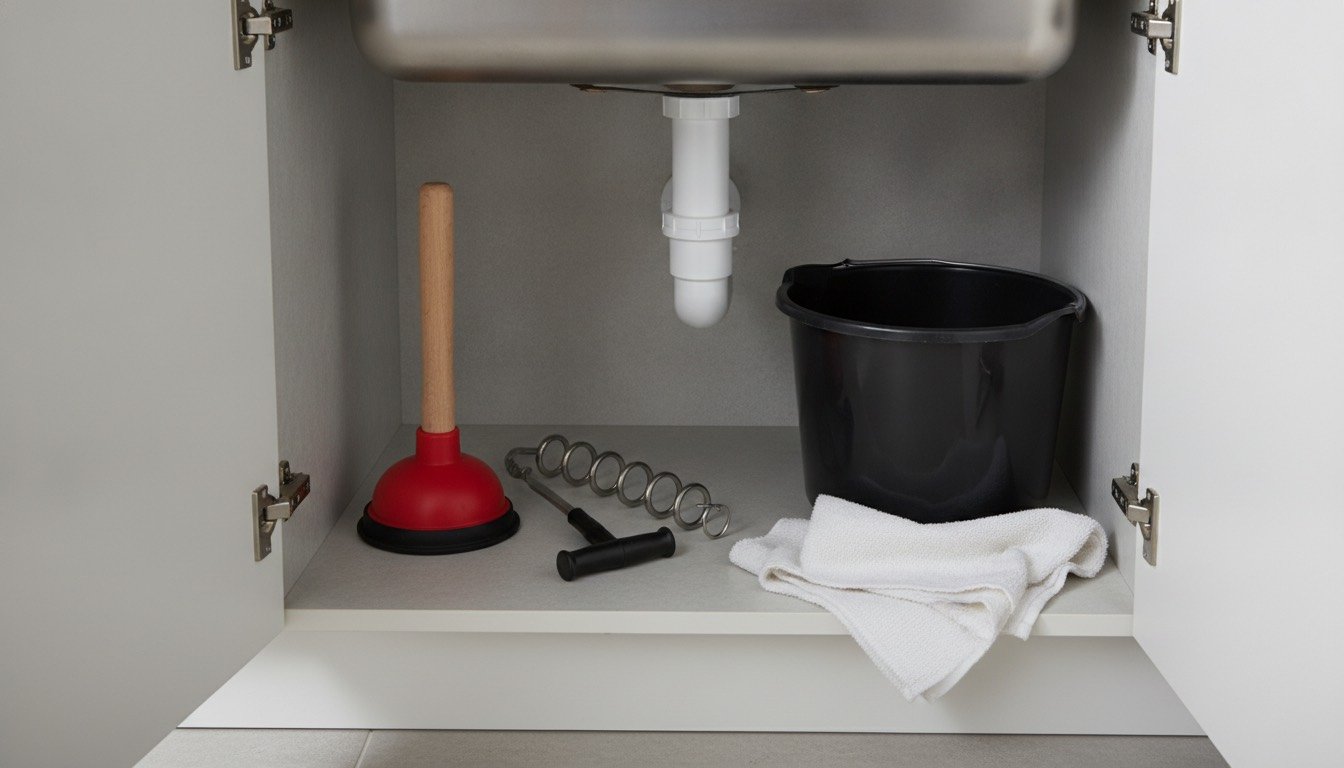 Open kitchen sink cupboard showing a white plastic P-trap, a red force-cup plunger and a bucket on the floor