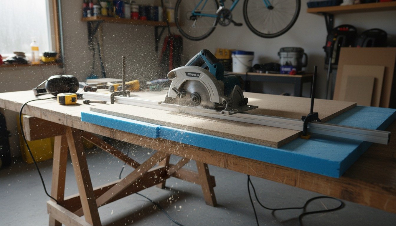 A cordless circular saw cutting a sheet of MDF along a clamped aluminium guide rail in a UK garage