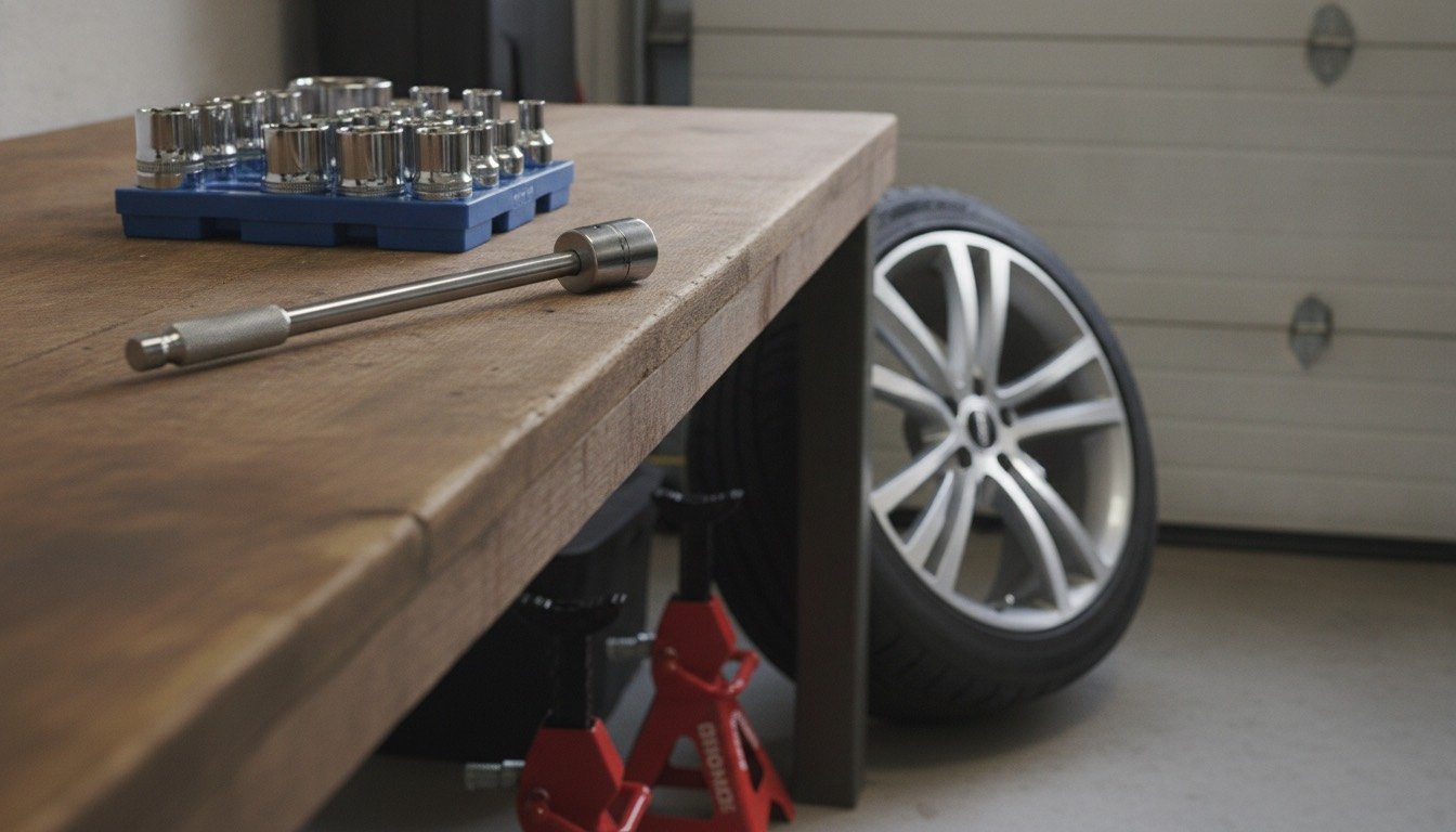 A 1/2-inch drive click-type torque wrench and a socket set on a workbench beside a car alloy wheel in a UK garage