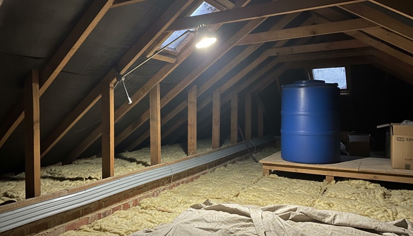 Interior of a UK loft space showing rafters, bitumen felt underlay and mineral wool insulation between joists with a clear ventilation gap at the eaves