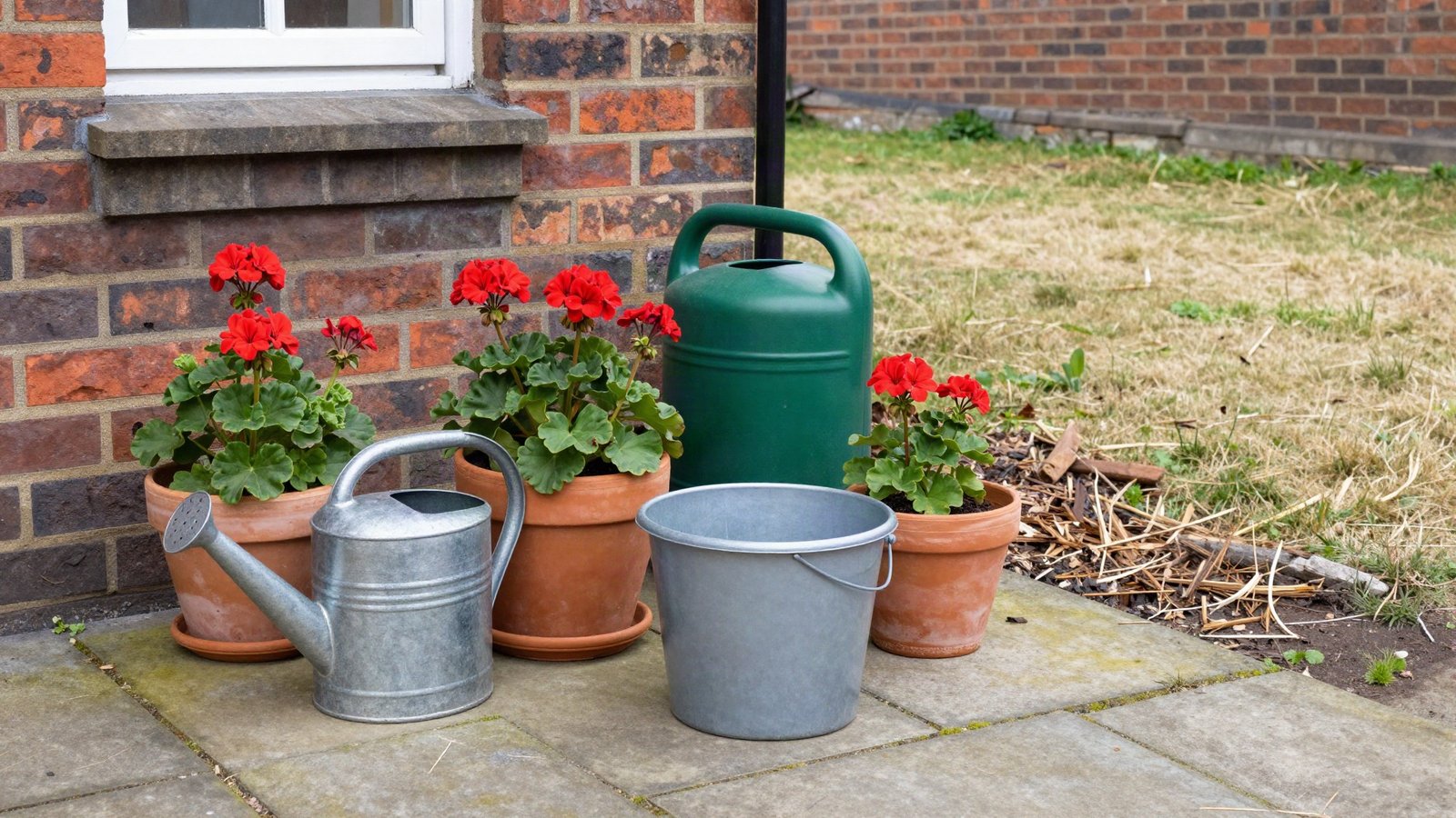 Galvanised watering can and water butt beside terracotta pots on a parched UK garden patio during a hosepipe ban