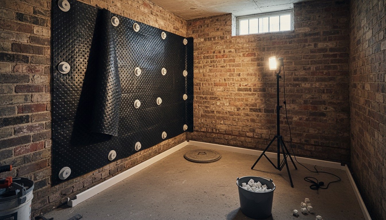 Victorian cellar with exposed brick walls, a studded cavity drain membrane part-fitted and a perimeter drainage channel running to a sump