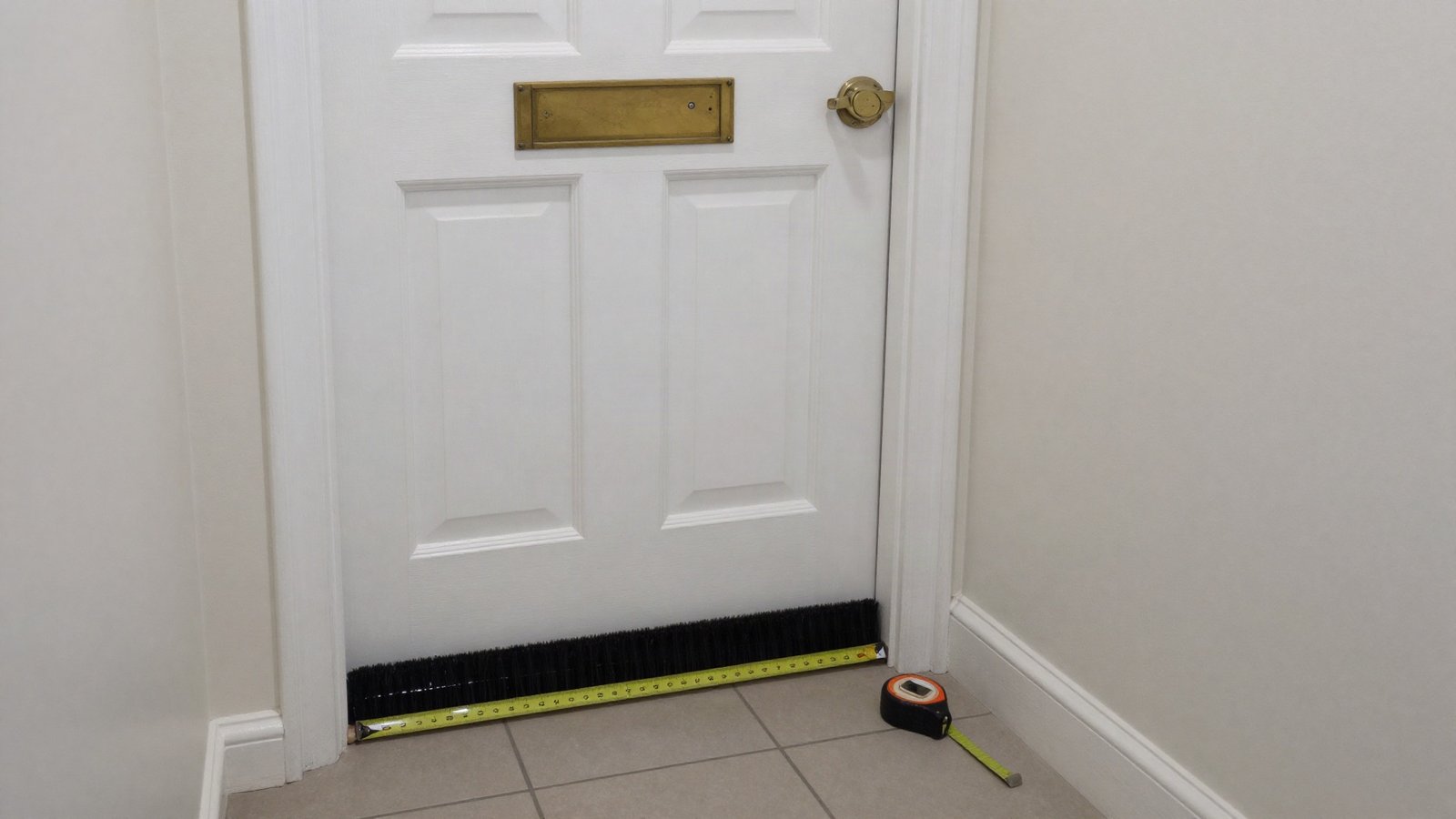 White painted timber front door in a UK hallway with a brush draught excluder fitted along the bottom rail and a roll of rubber seal on the floor