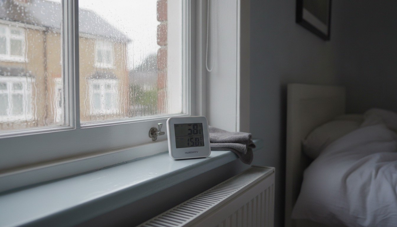 A small digital hygrometer on a windowsill in a British terraced house, showing a humidity reading beside a condensation-streaked window pane