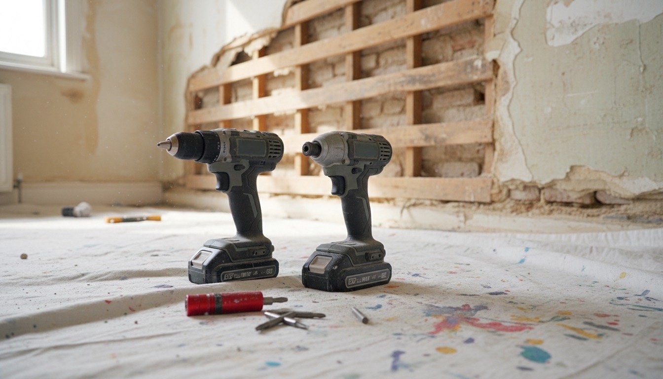 A cordless combi drill and a compact impact driver side by side on a dust sheet in a Victorian house, with exposed timber lath and lime plaster on the wall behind