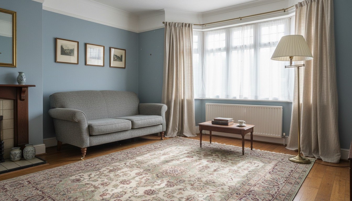 A UK living room with a sofa on a large wool rug, a floor lamp beside a bay window and framed prints hung at eye level above the skirting