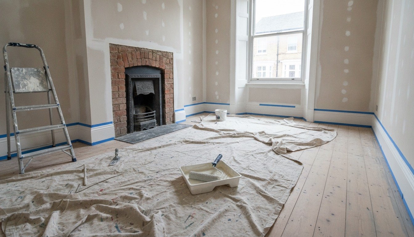 Half-painted living room in a UK terraced house with dust sheets over the floorboards, a roller tray, filled patches on the plaster and masked skirting boards