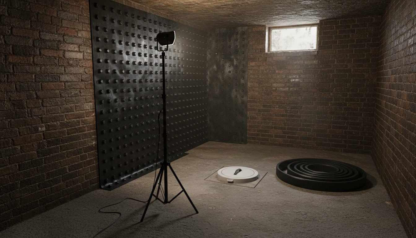 Studded black cavity drain membrane and a sump chamber being fitted in the brick cellar of a Victorian terraced house