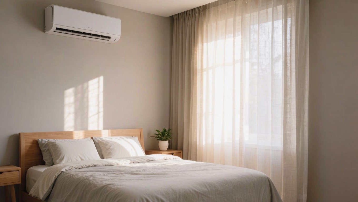White wall-mounted split air conditioning unit above a neatly made bed in a bright UK bedroom