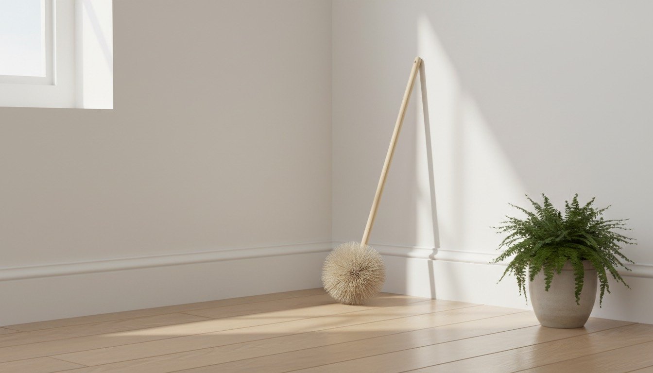 Bright, decluttered room corner with clean skirting boards and a cobweb brush