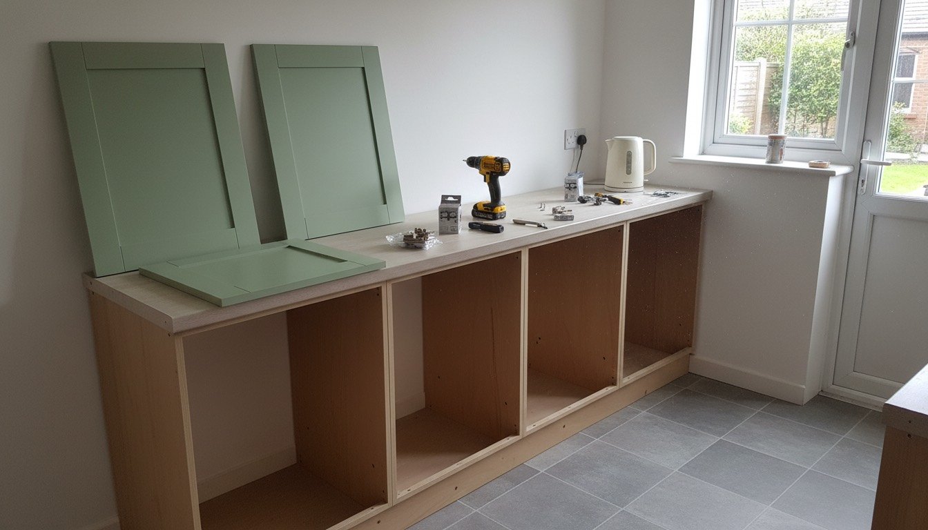 A UK kitchen mid-refacing, with new painted shaker doors leaning against the wall and the existing base units exposed