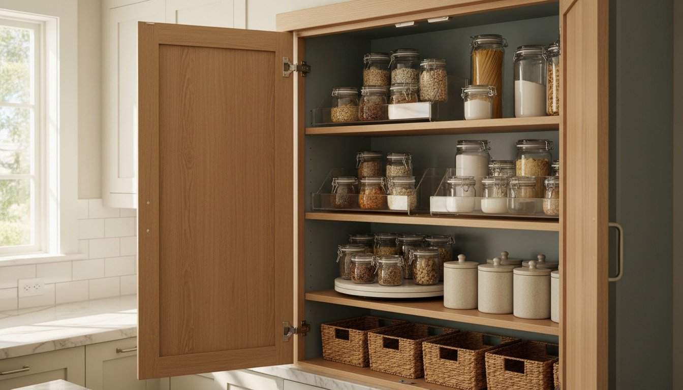 Beautifully organised kitchen cupboard with labelled jars and tiered shelves