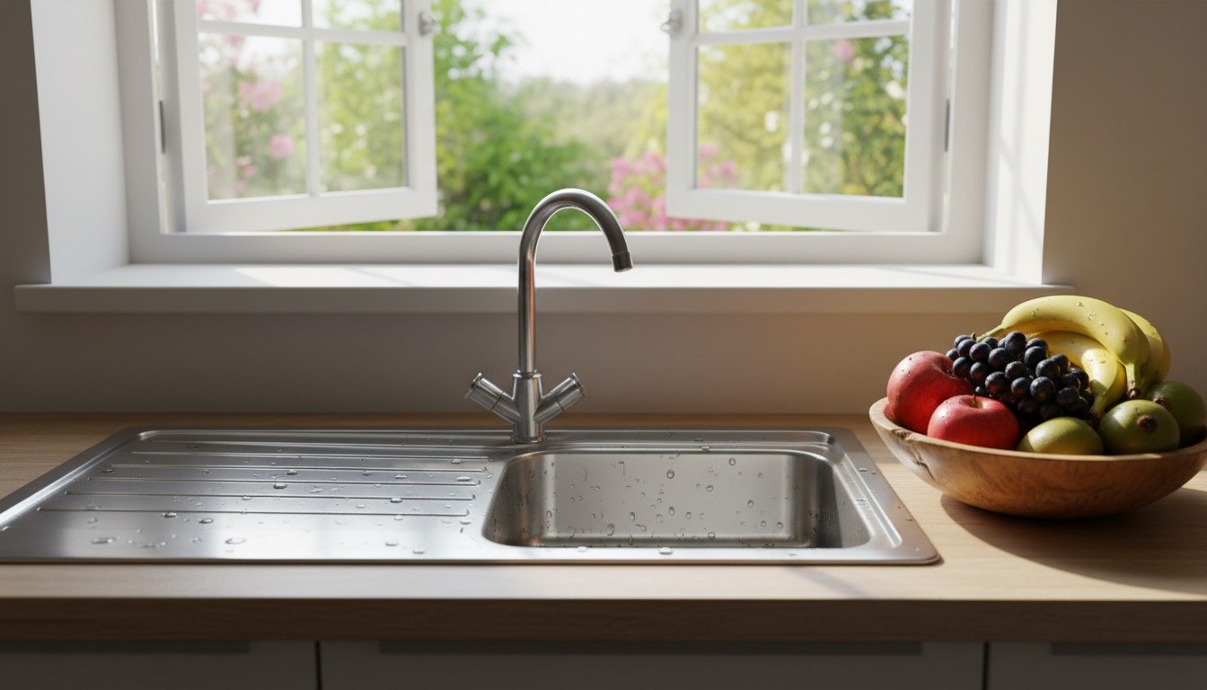 Sparkling clean kitchen sink and fruit bowl beside an open window