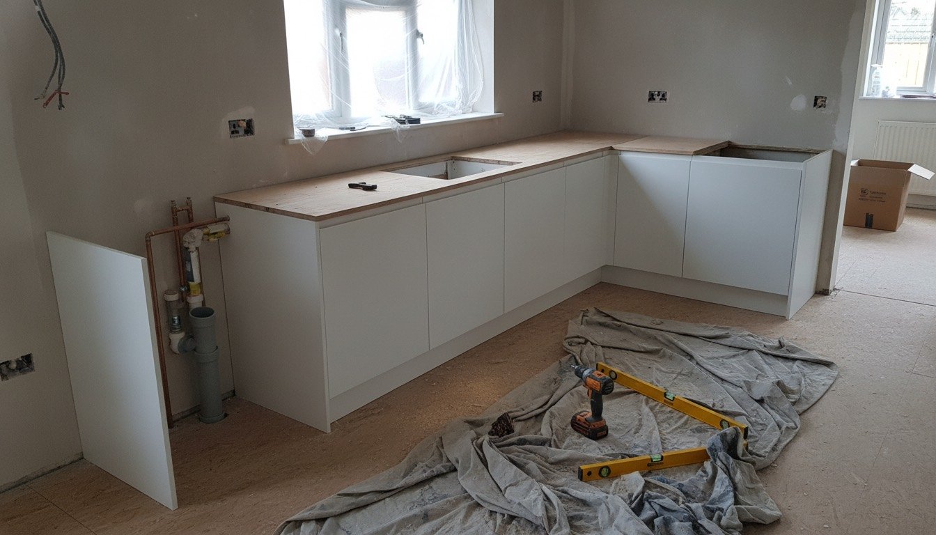 A UK kitchen mid-refit with base units levelled on a chipboard floor, a temporary board worktop and a spirit level resting on the run