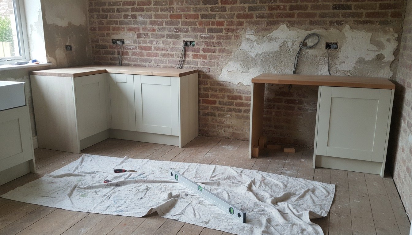 A half-finished kitchen refit in a Victorian terrace, base units packed level against an uneven lime-plastered solid wall with first-fix cable clipped above