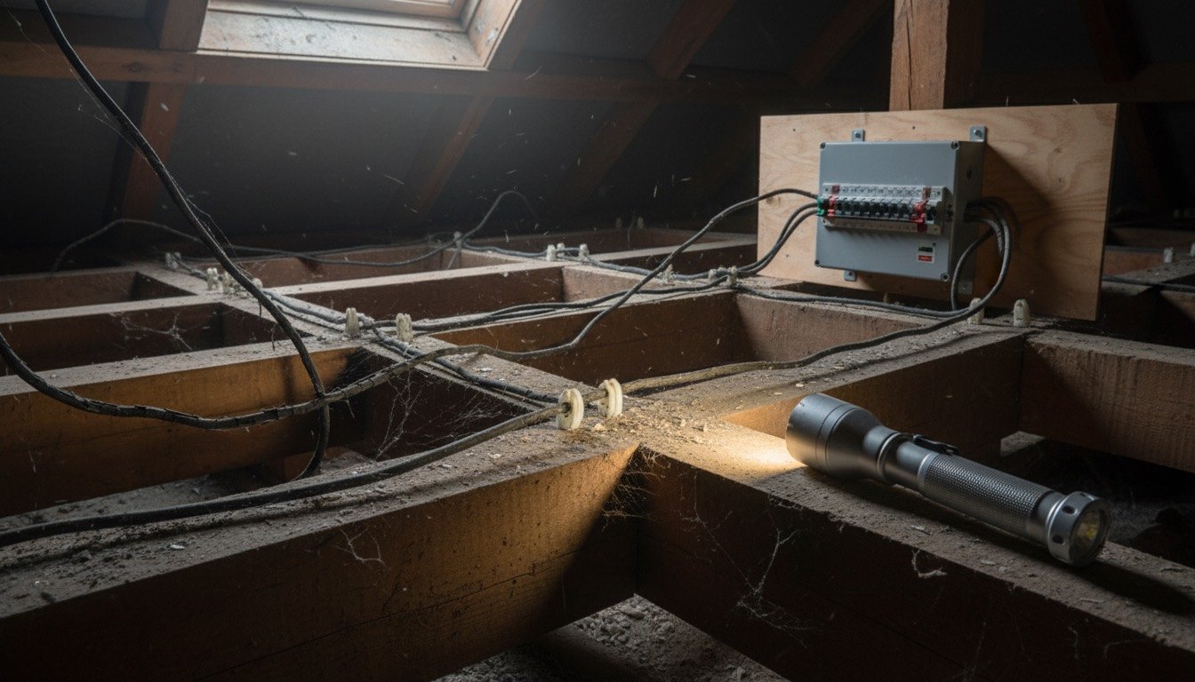 Perished rubber-insulated cable and porcelain cleats exposed in the loft of an older British house alongside a modern metal consumer unit