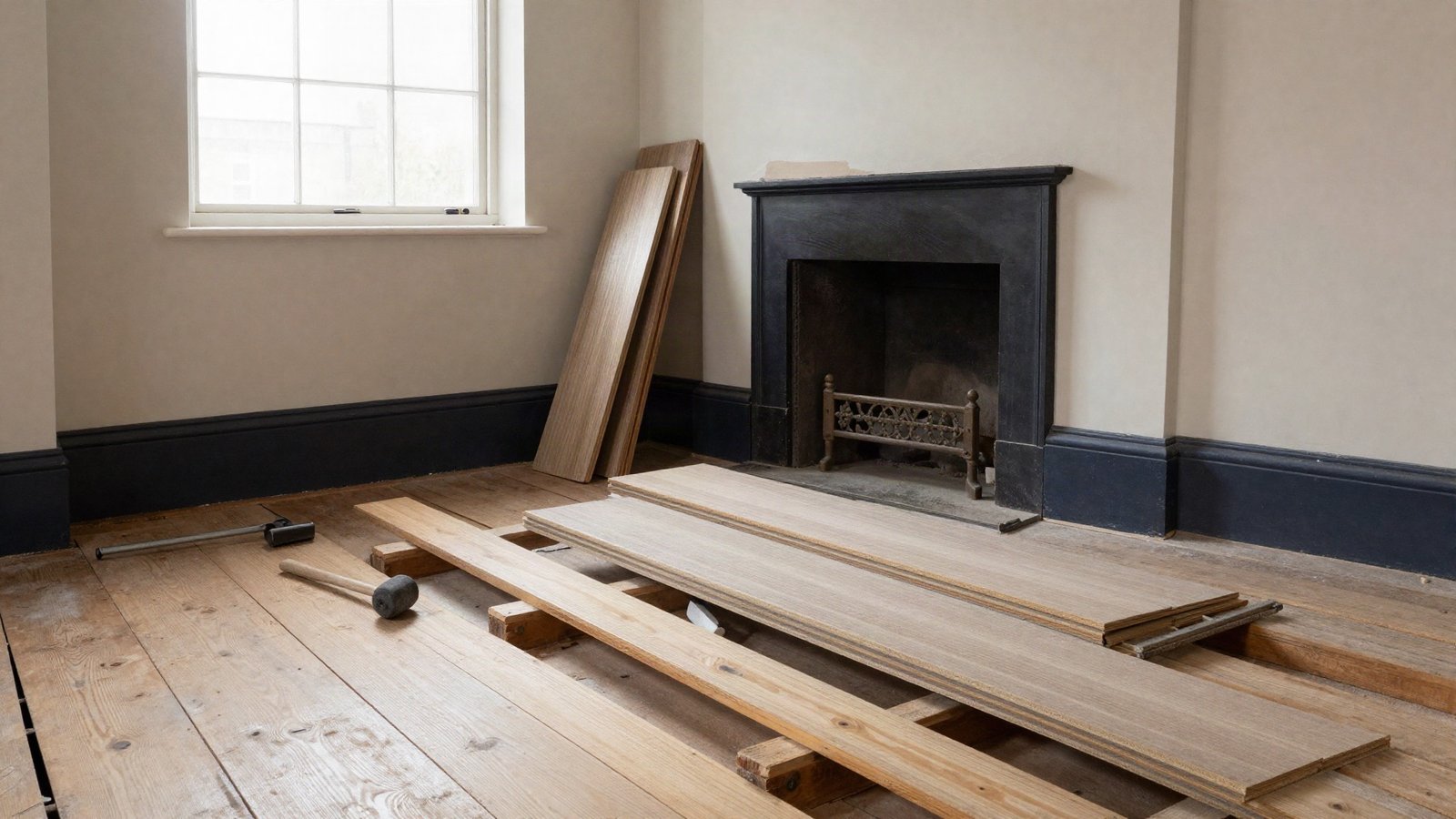A Victorian front room part-way through a floor refit, with engineered oak boards laid over original joists and a stack of laminate planks beside the skirting