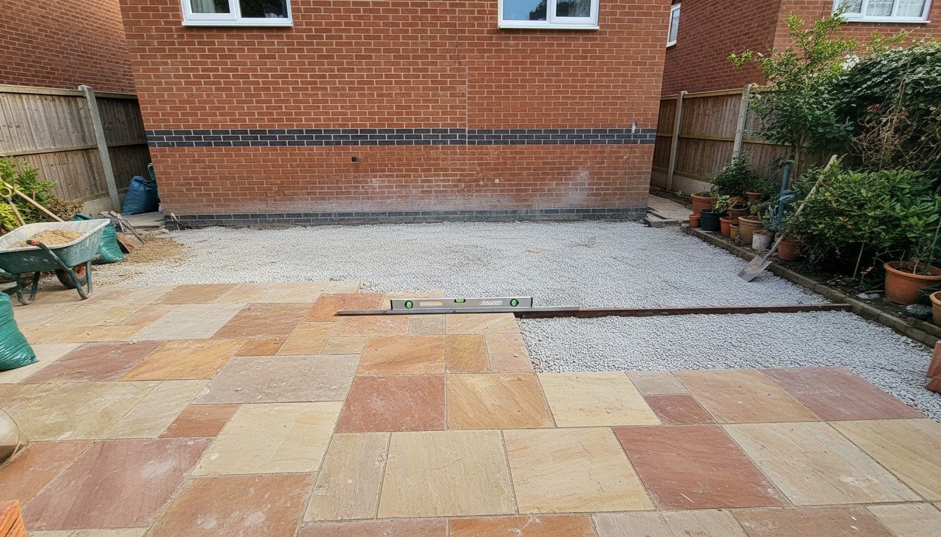 A British back garden part-way through landscaping, with a compacted sub-base, partly laid sandstone paving and a spirit level on a screed rail beside a brick house wall