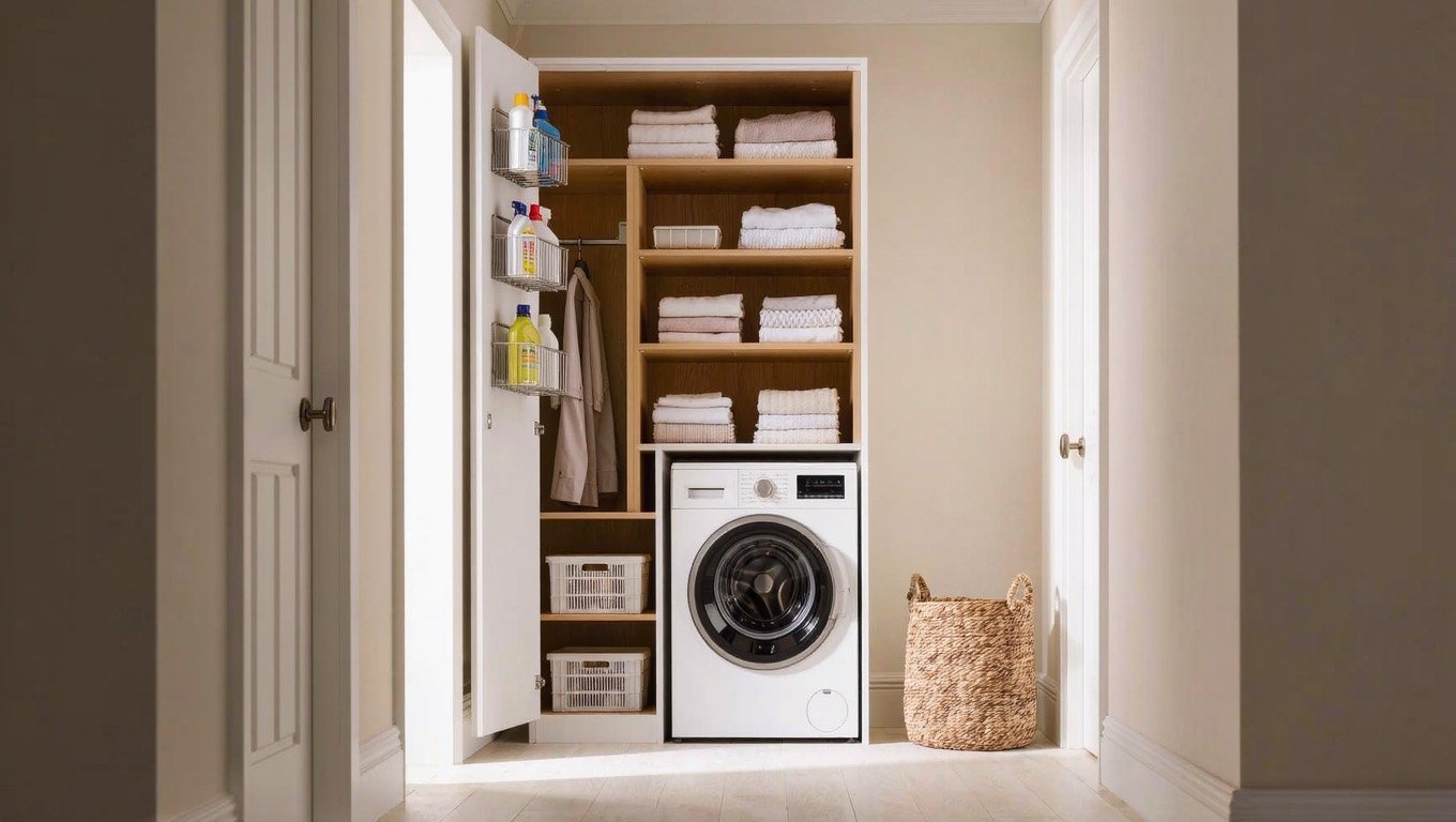 Neatly organised laundry cupboard with slatted shelves, folded towels, vented storage crates and a slimline washing machine below