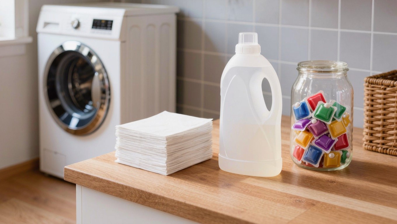 Laundry detergent sheets, a bottle of liquid detergent and a jar of pods lined up on a utility room worktop beside a washing machine
