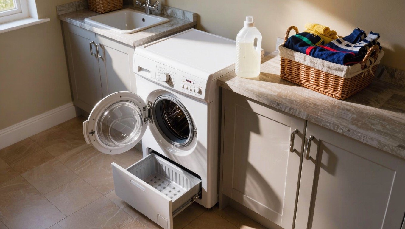 Bottle of antibacterial laundry sanitiser beside an open washing machine softener drawer in a UK utility room