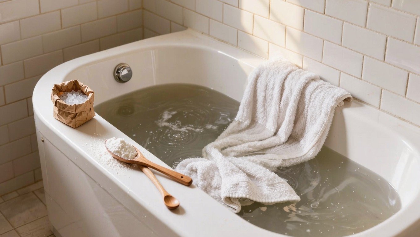 White towels soaking in a bathtub of grey water with soda crystals and a wooden spoon on the bath edge