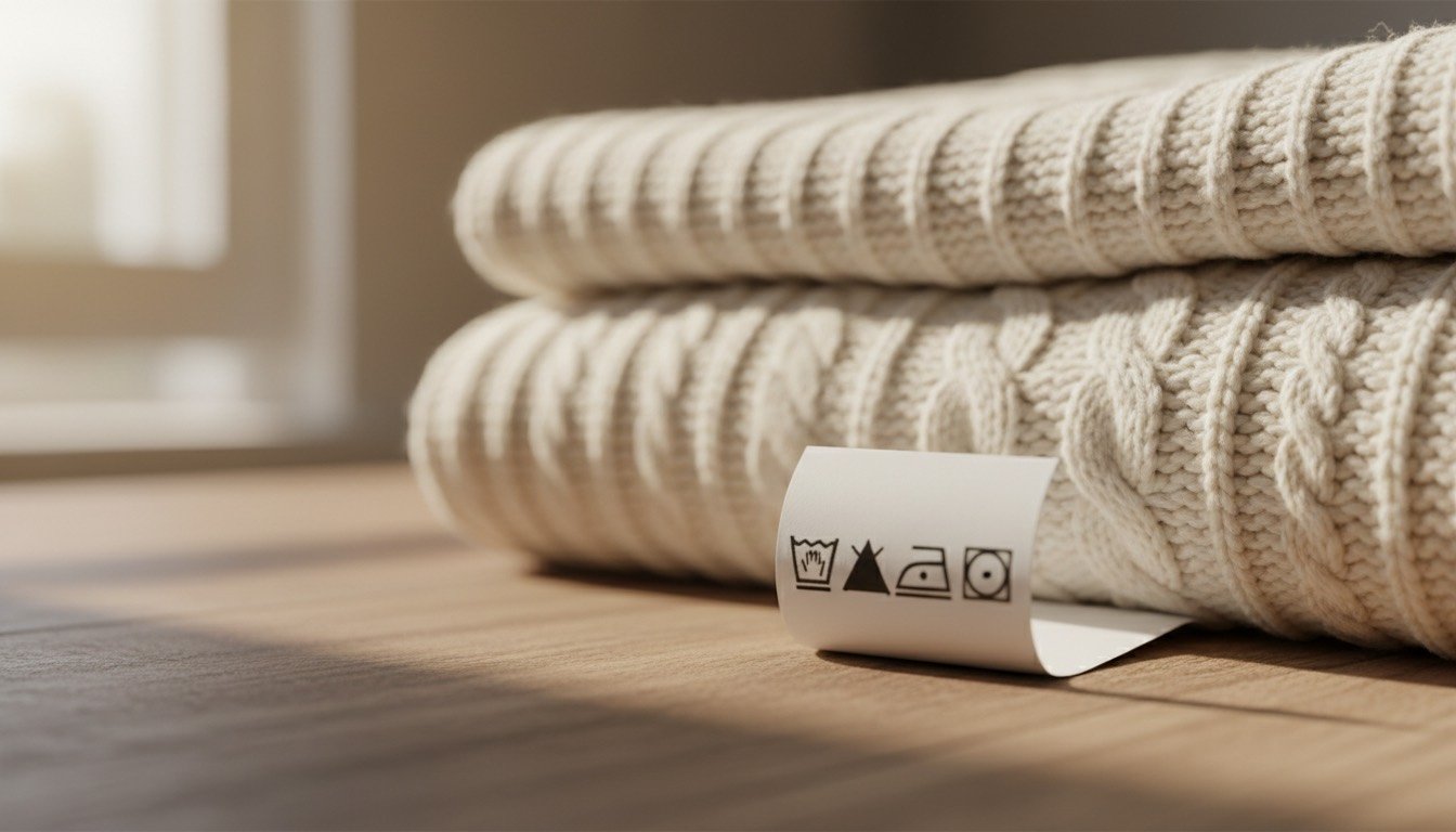 Clothing care label with washing symbols beside neatly folded knitwear