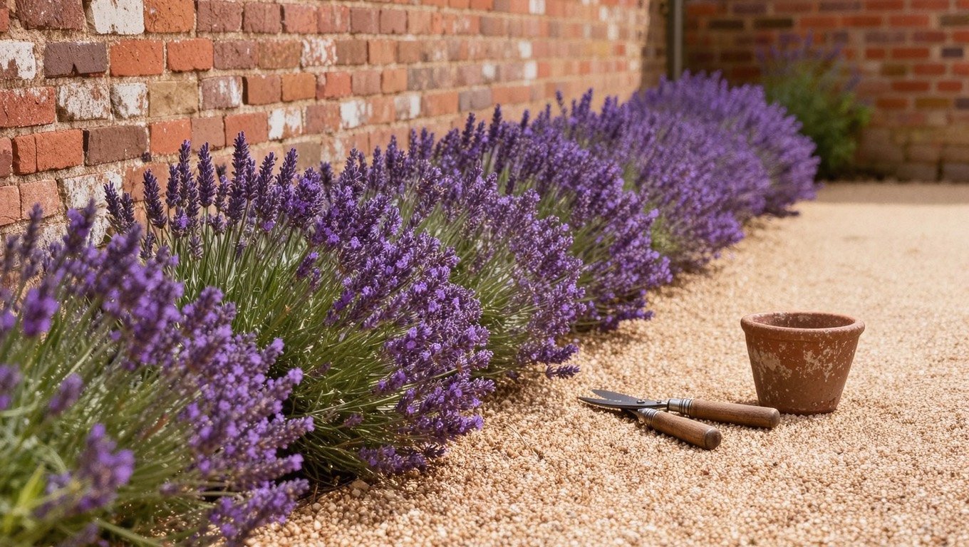 English lavender border in full purple bloom edging a gravel path in a UK garden