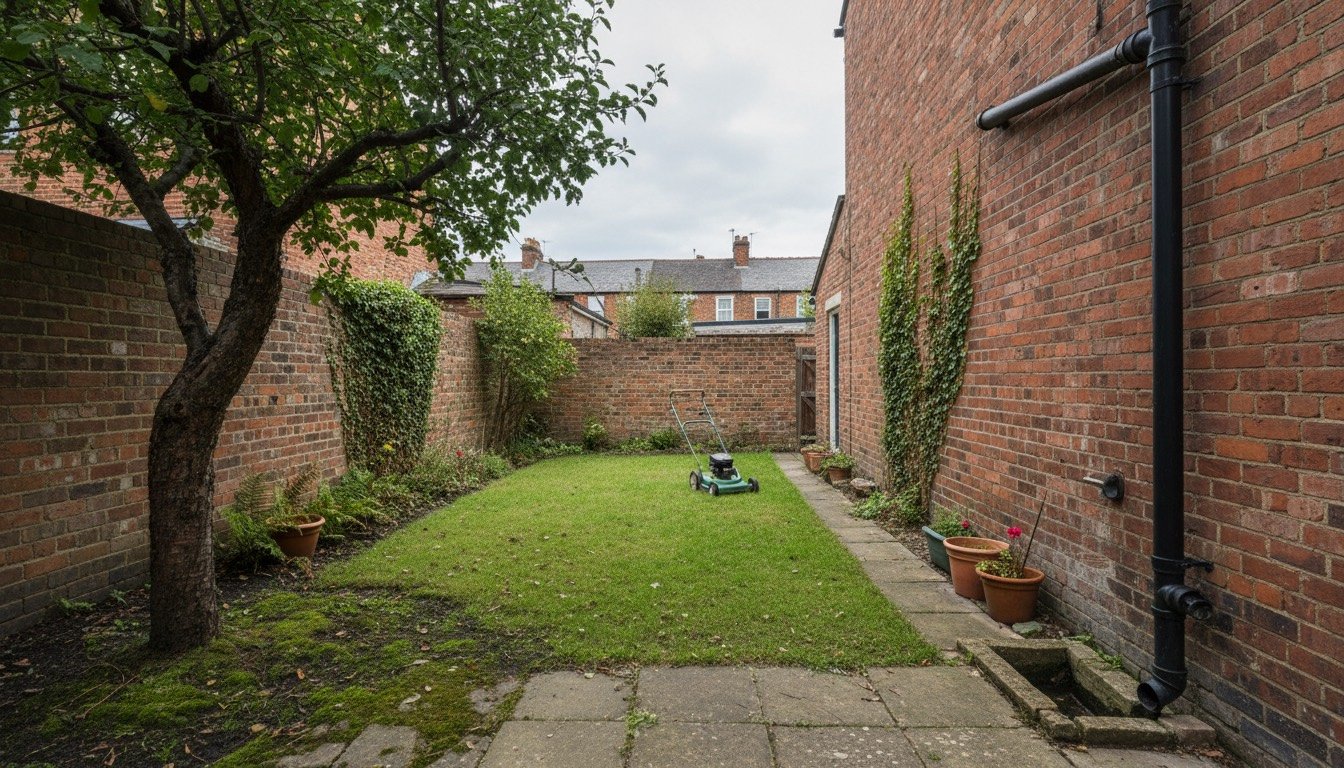 A small rectangular lawn in a Victorian terraced back garden, bordered by red brick walls, with a rotary mower and a moss-flecked patch under a mature tree