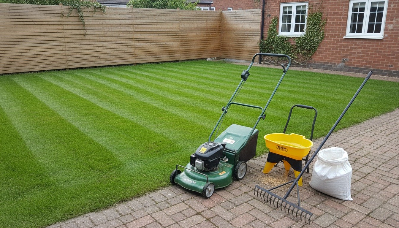 A striped back lawn in a British suburban garden with a rotary mower, spreader, spring-tine rake and bag of grass seed at the patio edge