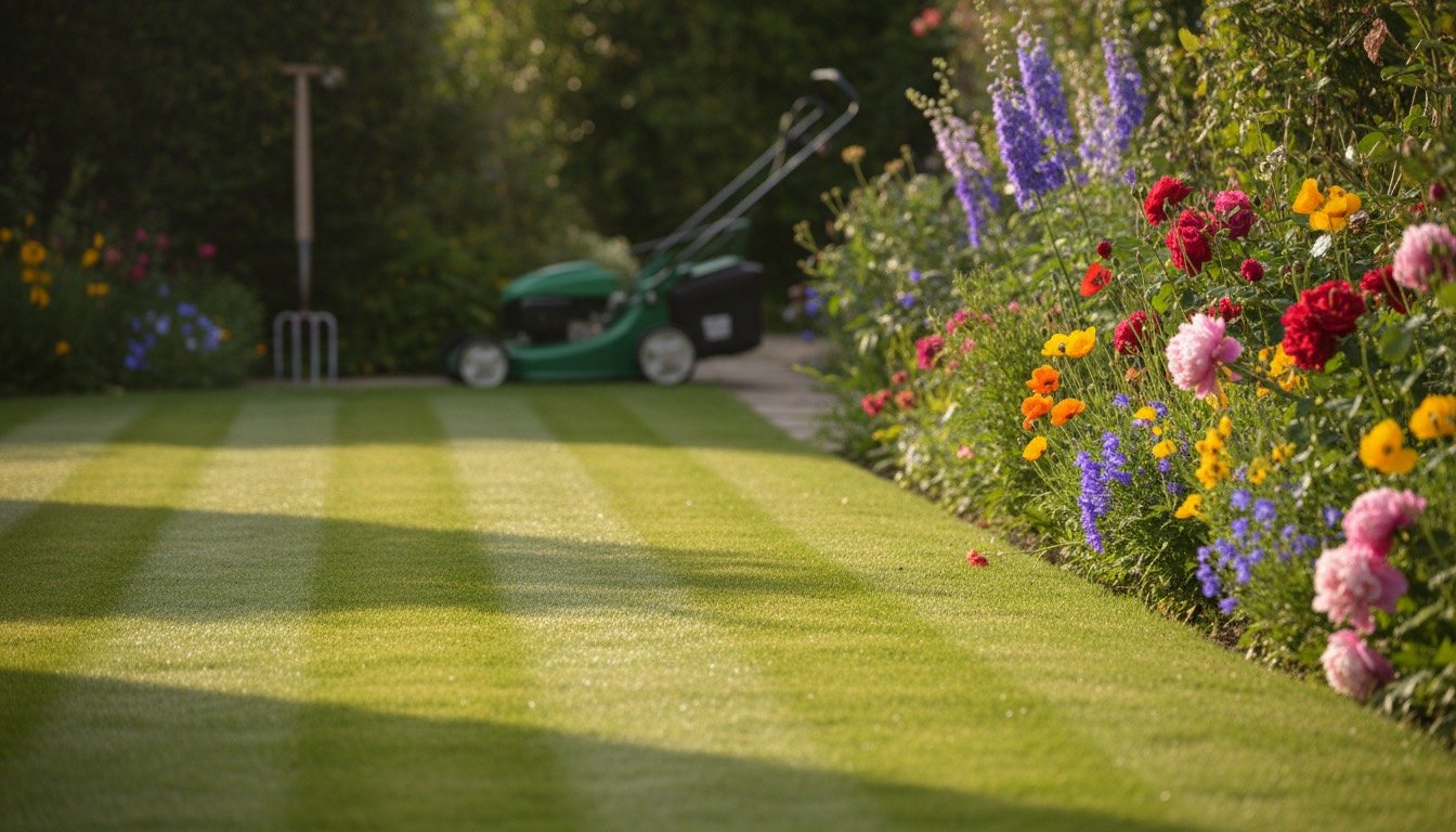 Healthy striped lawn beside a border in a sunny British back garden