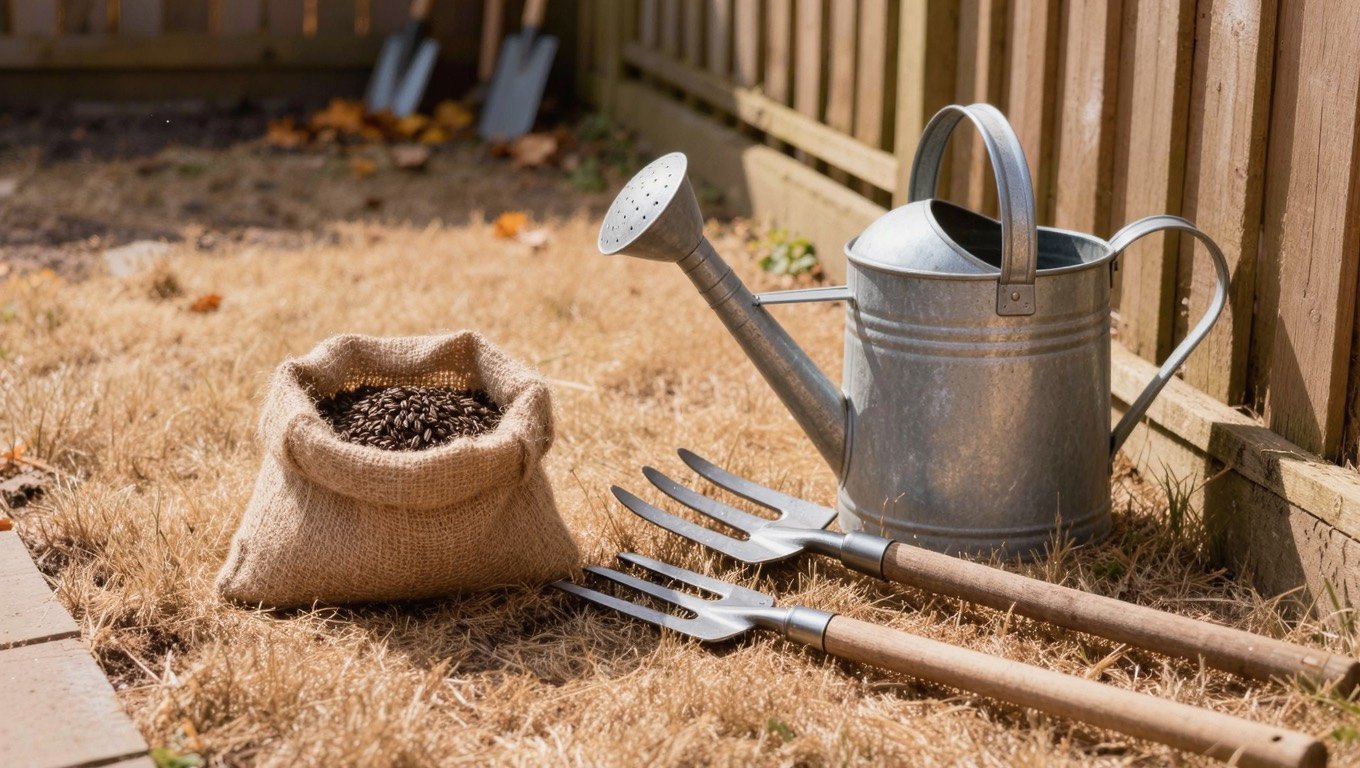 A parched brown British garden lawn with a green recovery strip, a bag of grass seed, a spring-tine rake and a garden fork on the grass