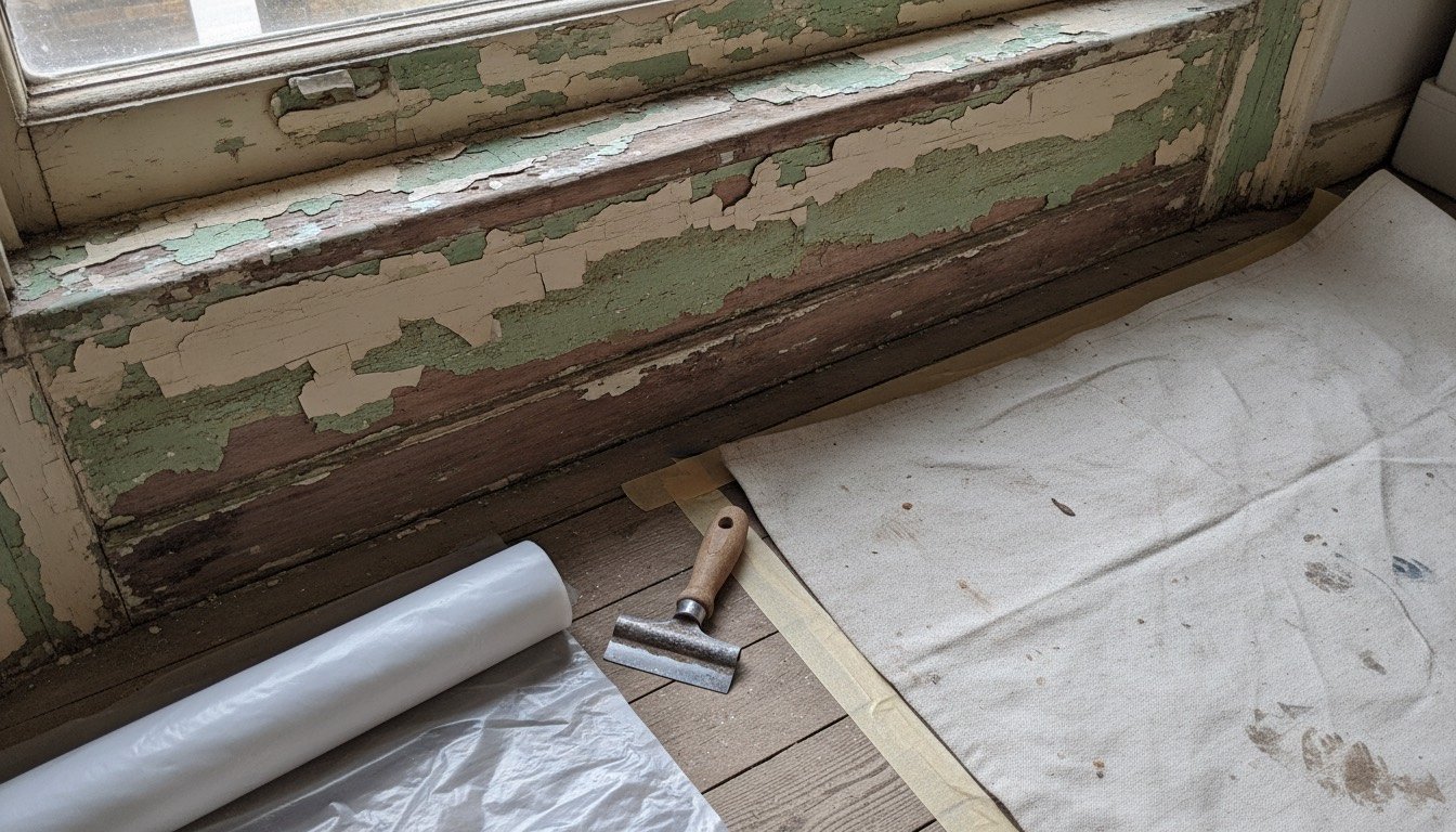 Layers of old paint flaking from a Victorian sash window sill, with a scraper and dust sheet nearby