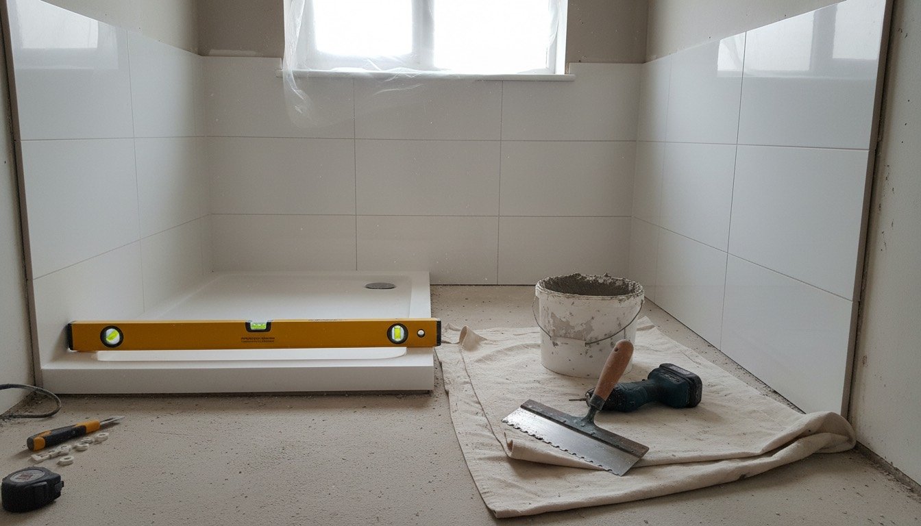 A part-finished UK bathroom refit with a shower tray, spirit level, notched tiling trowel and cordless drill on a dust sheet