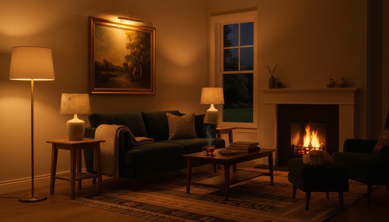 Evening living room glowing with layered lamps at different heights
